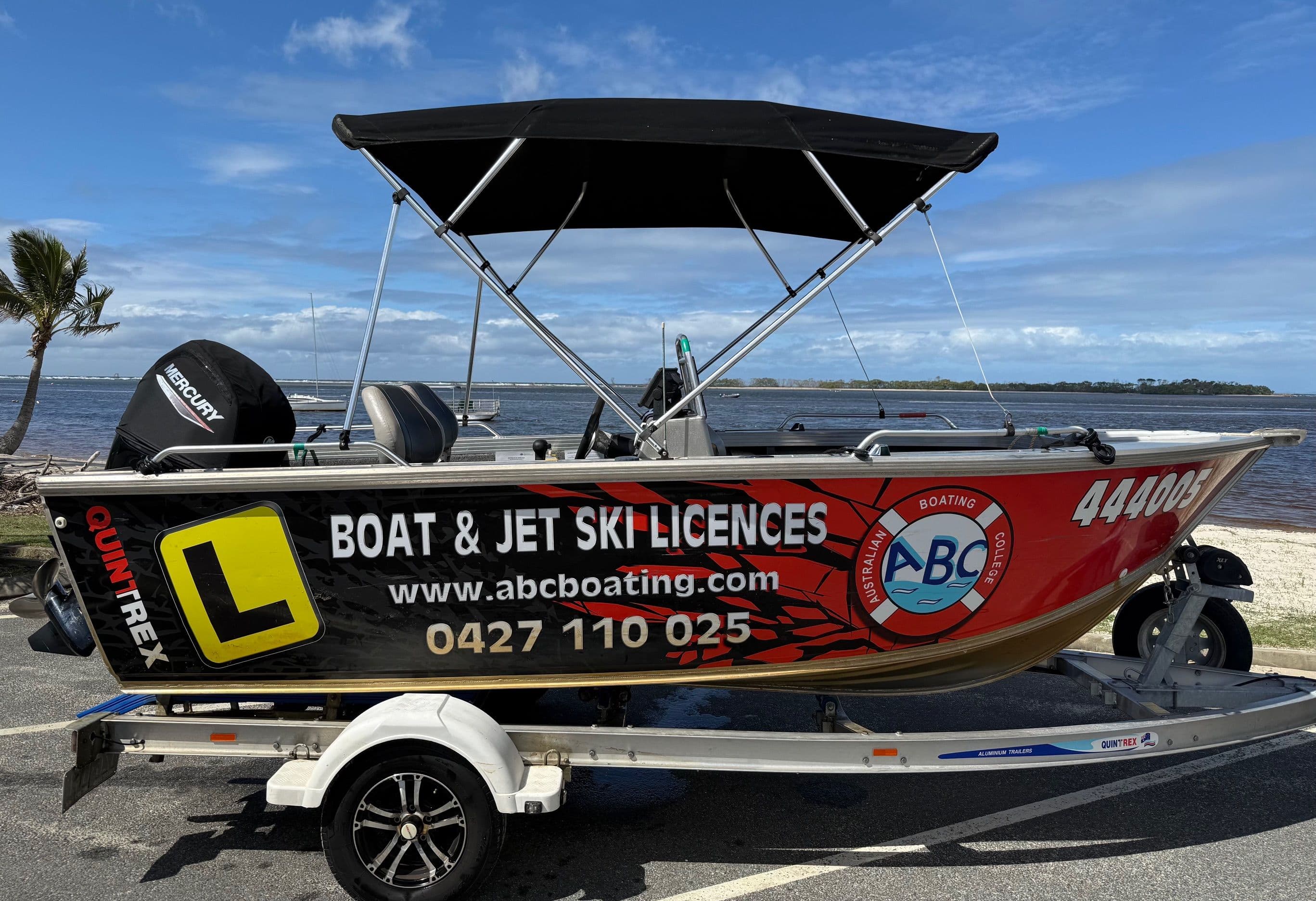 The ABC Boating branded training boat ready for a Sunshine Coast boat licence course